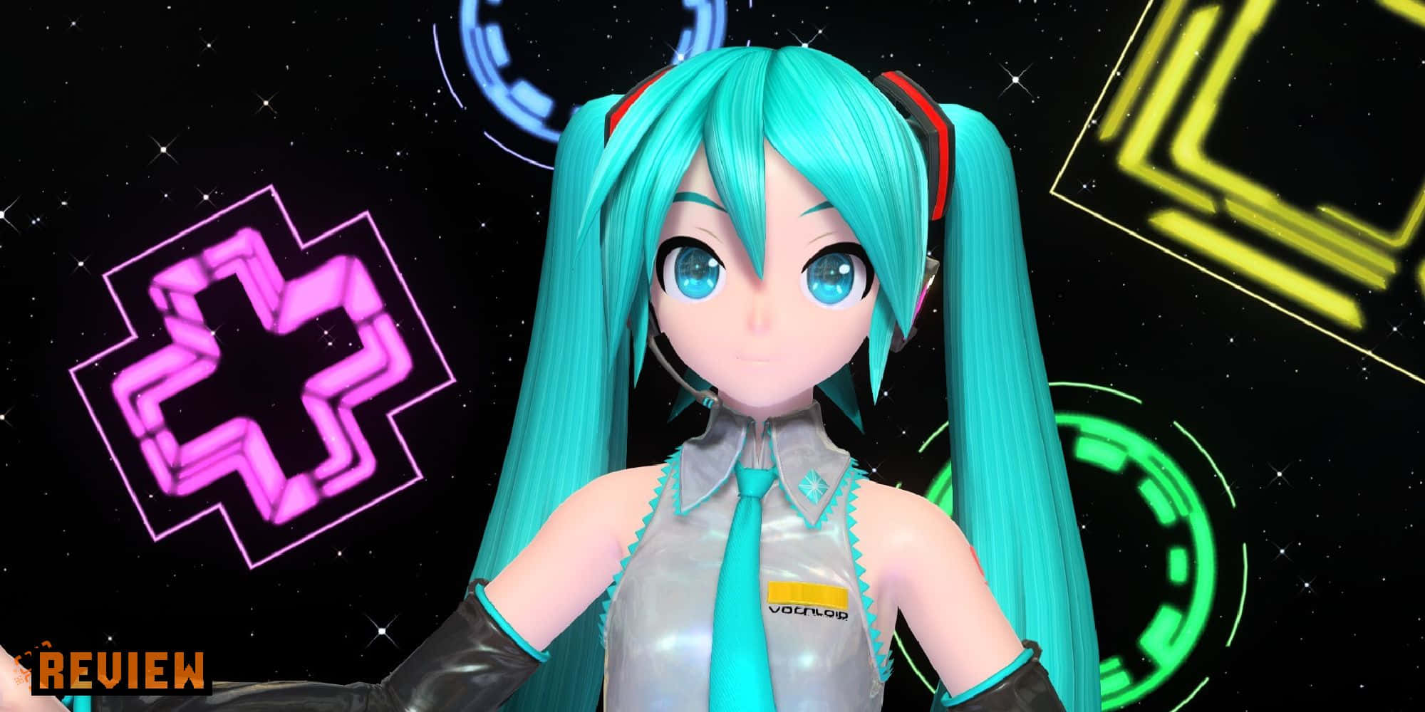 初音未來 桌布 壁紙 — 動漫角色，擁有藍綠色雙馬尾和耳機，站在星空背景前，周圍有發光的霓虹幾何形狀。