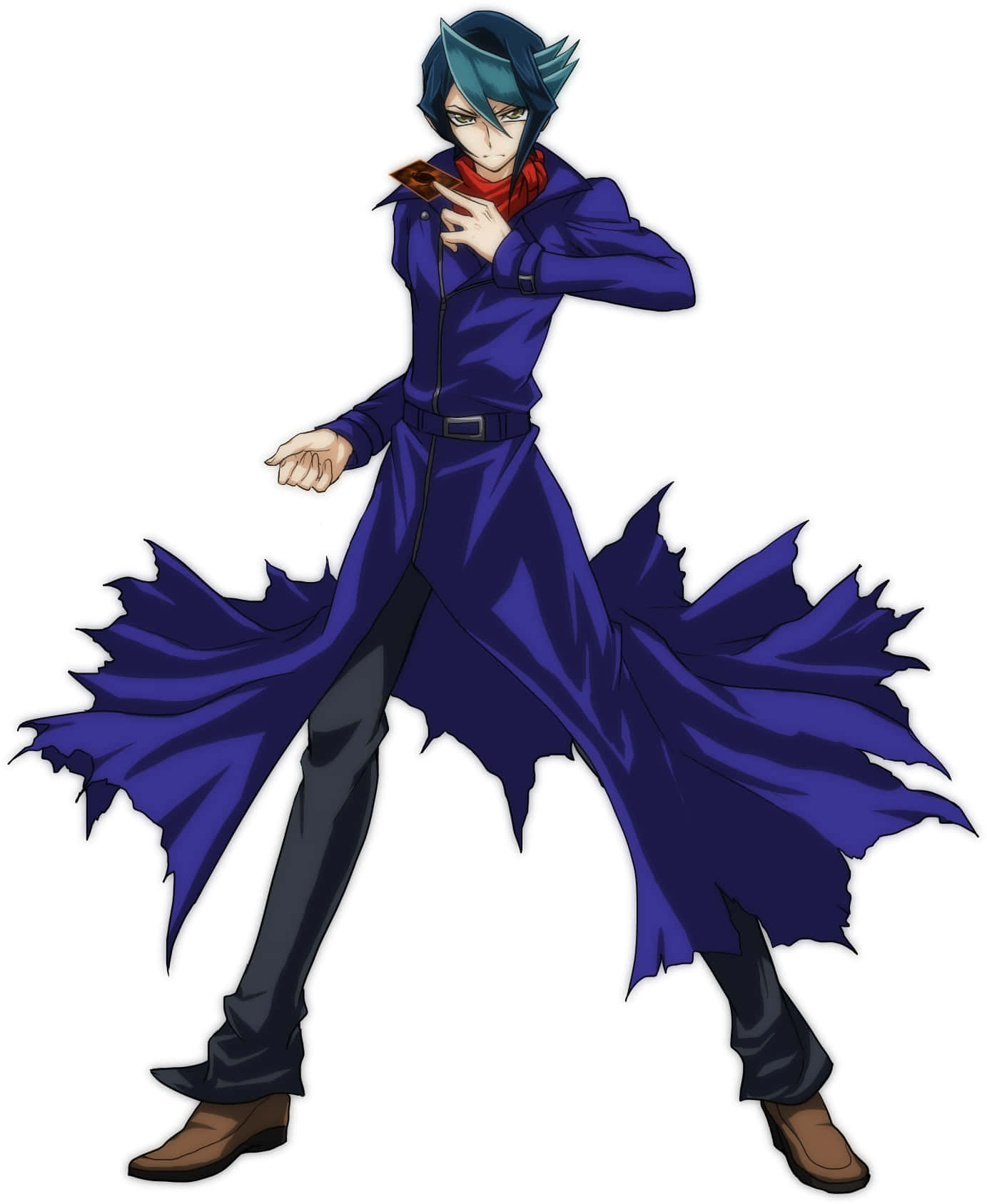 Shay Obsidian 桌布 壁紙 — 動漫角色，擁有青綠色頭髮和紫色外套，以動態姿勢拿著一張卡牌。