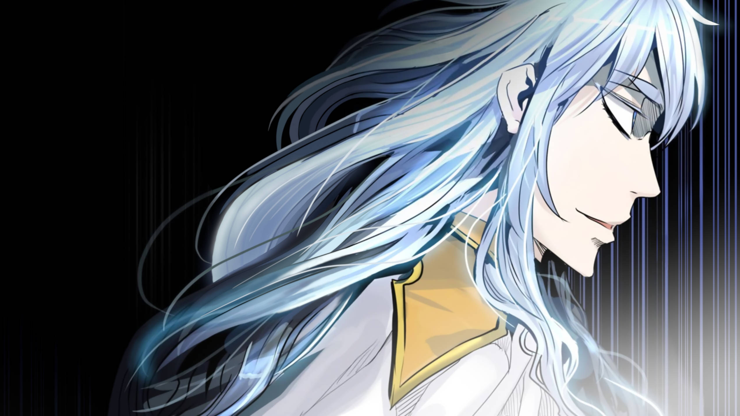 Tower Of God 桌布 壁紙 — 動漫角色，擁有飄逸的銀藍色頭髮和閉上的眼睛，背景為黑暗帶有發光的光線條紋。