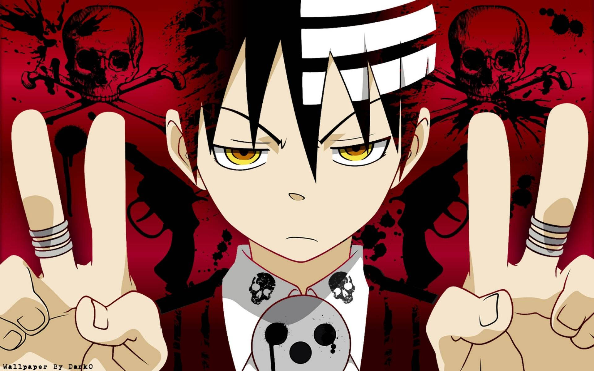 Soul Eater 桌布 壁紙 — 動漫角色，有尖刺黑白頭髮和黃色眼睛，在紅色骷髏背景前做出和平手勢。