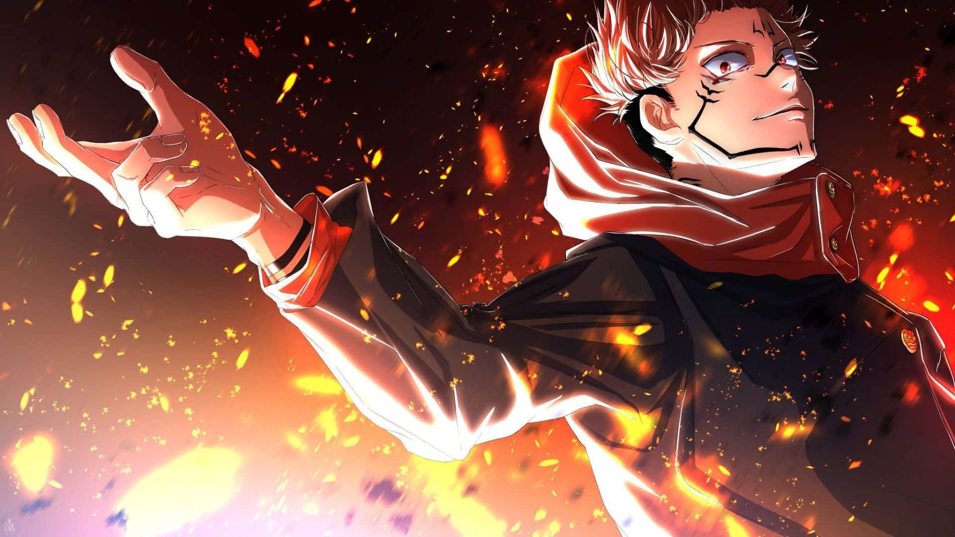 動漫男孩 桌布 壁紙 — 動漫角色，有著尖刺的紅髮和發光的眼睛，伸出手，周圍有熾熱的火花在動態中爆炸。