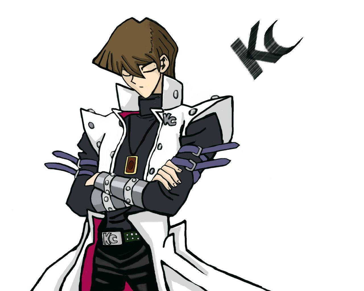 kaiba 桌布 壁紙 — 動漫角色，棕色頭髮，白色外套，交叉雙臂，自信地站在純白色背景前。