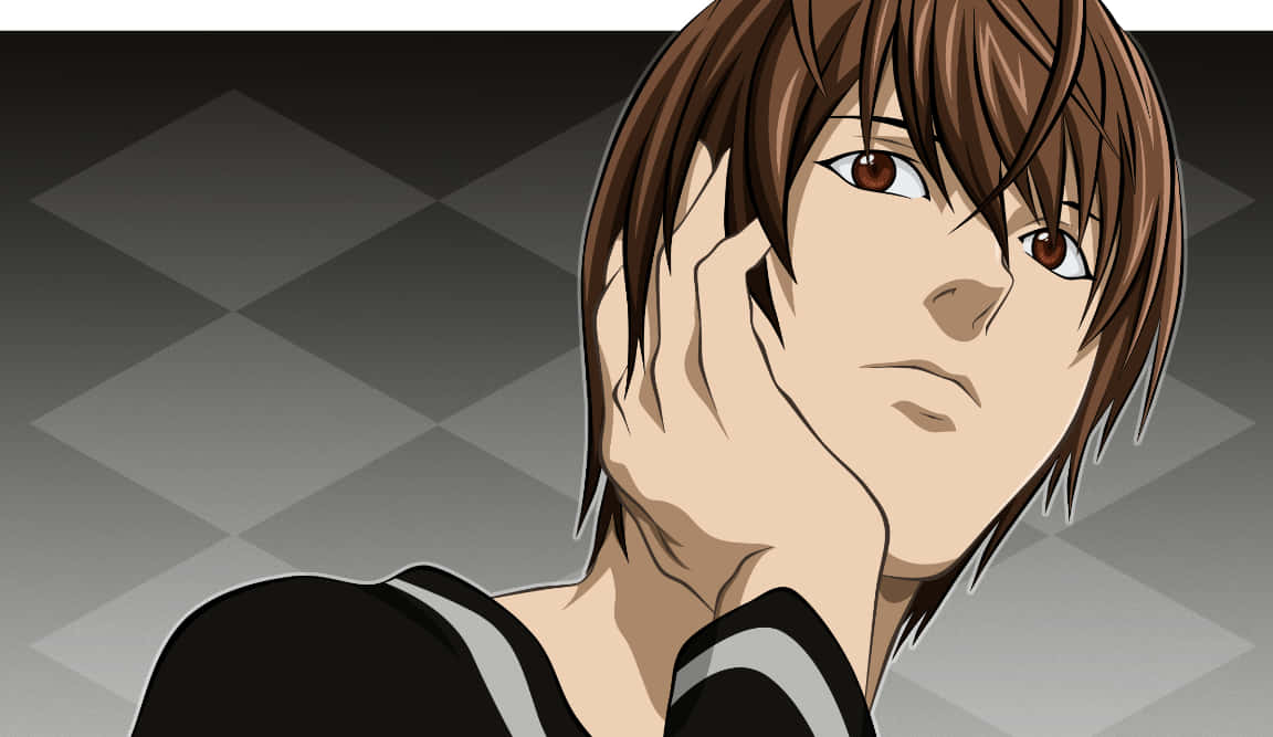 Light Yagami 桌布 壁紙 — 動漫角色，棕色頭髮，眼神專注，手托下巴，背景為幾何灰色。