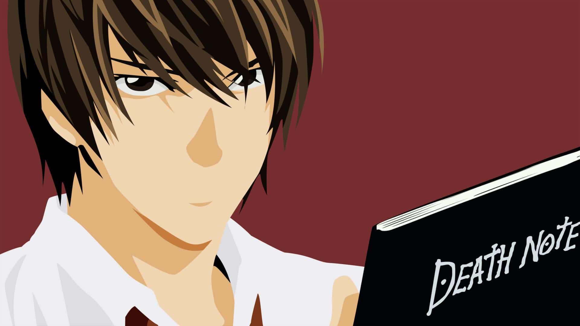 Light Yagami 桌布 壁紙 — 動漫角色，棕色頭髮，眼神銳利，手持一本黑色書本，上面寫著 Death Note，背景為深紅色。
