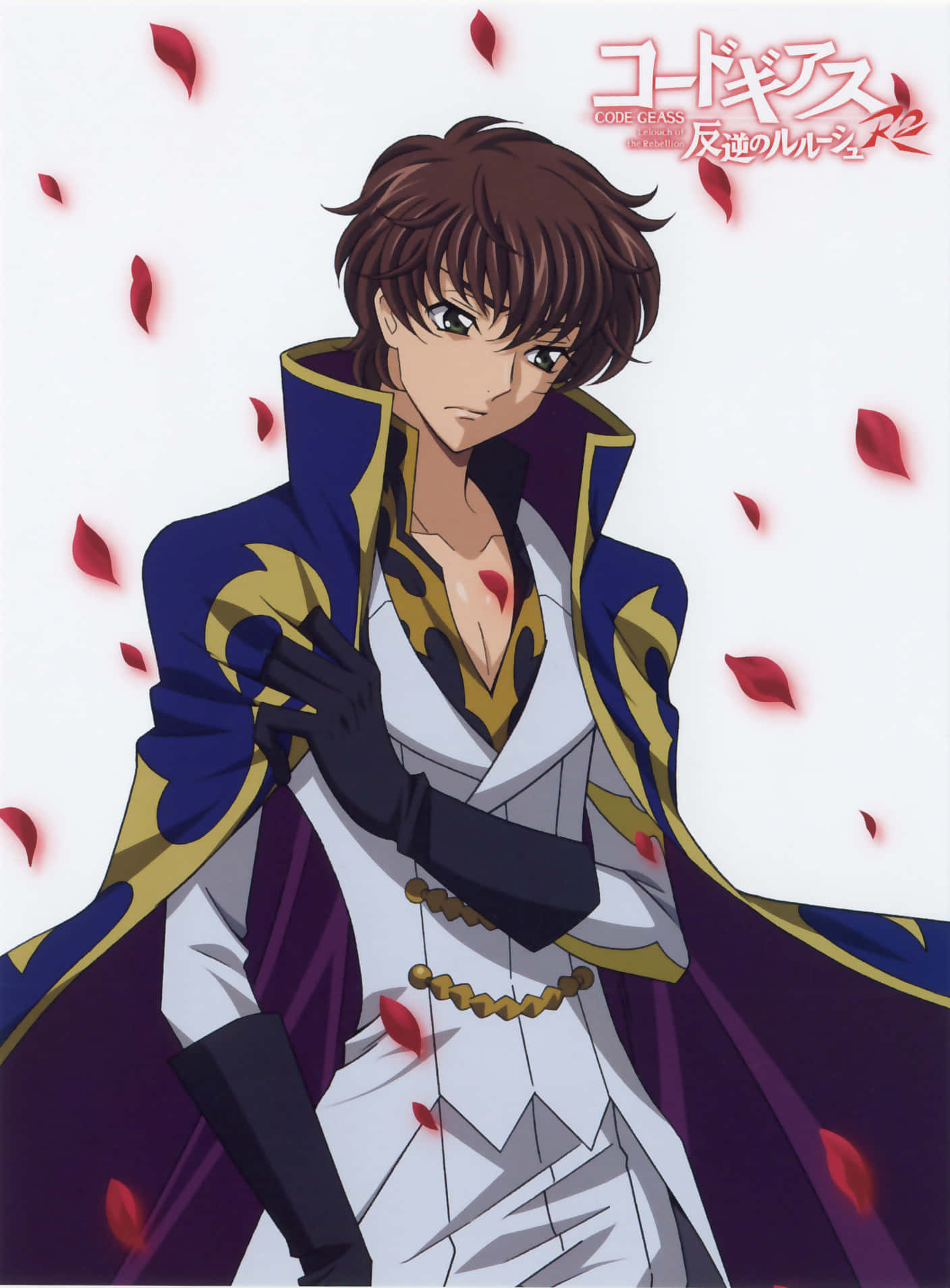 Suzaku Kururugi 桌布 壁紙 — 動漫角色，棕色頭髮，眼神銳利，身穿華麗的藍、金、白色服裝，紅色花瓣在他周圍飄舞。