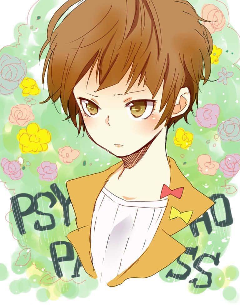 Akane Tsunemori 桌布 壁紙 — 動漫角色，棕色頭髮，金色眼睛，穿著黃色外套配蝴蝶結，背景為花卉圖案。