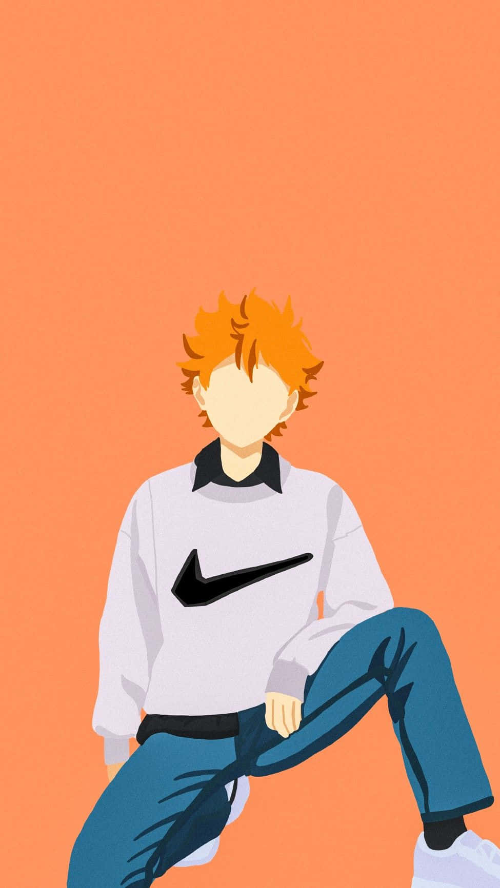 Nike 桌布 壁紙 — 動漫角色，橙色尖刺頭髮，身穿白色Nike運動衫，隨意地坐在純橙色背景前。