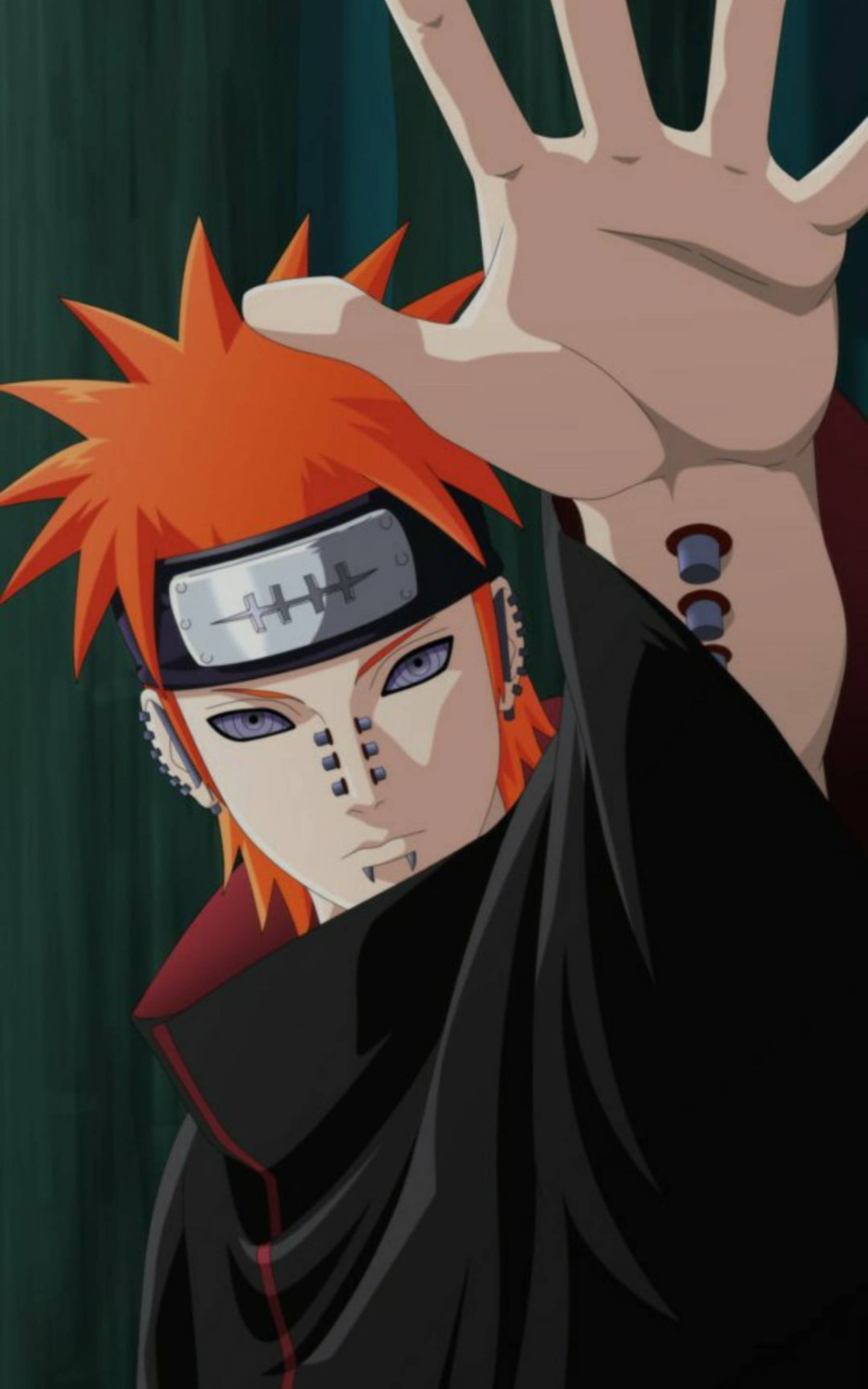 akatsuki phone 桌布 壁紙 — 動漫角色，橙色尖刺頭髮，黑色斗篷，在深綠色背景上舉起一隻手。