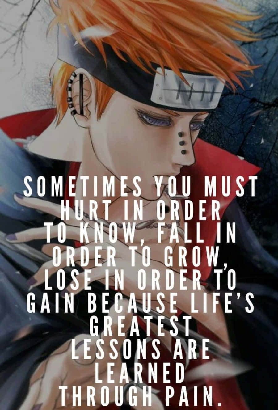 Akatsuki Quotes 桌布 壁紙 — 動漫角色，橙色頭髮，戴頭帶，在黑暗樹木背景下向下凝視，帶有勵志文字覆蓋。