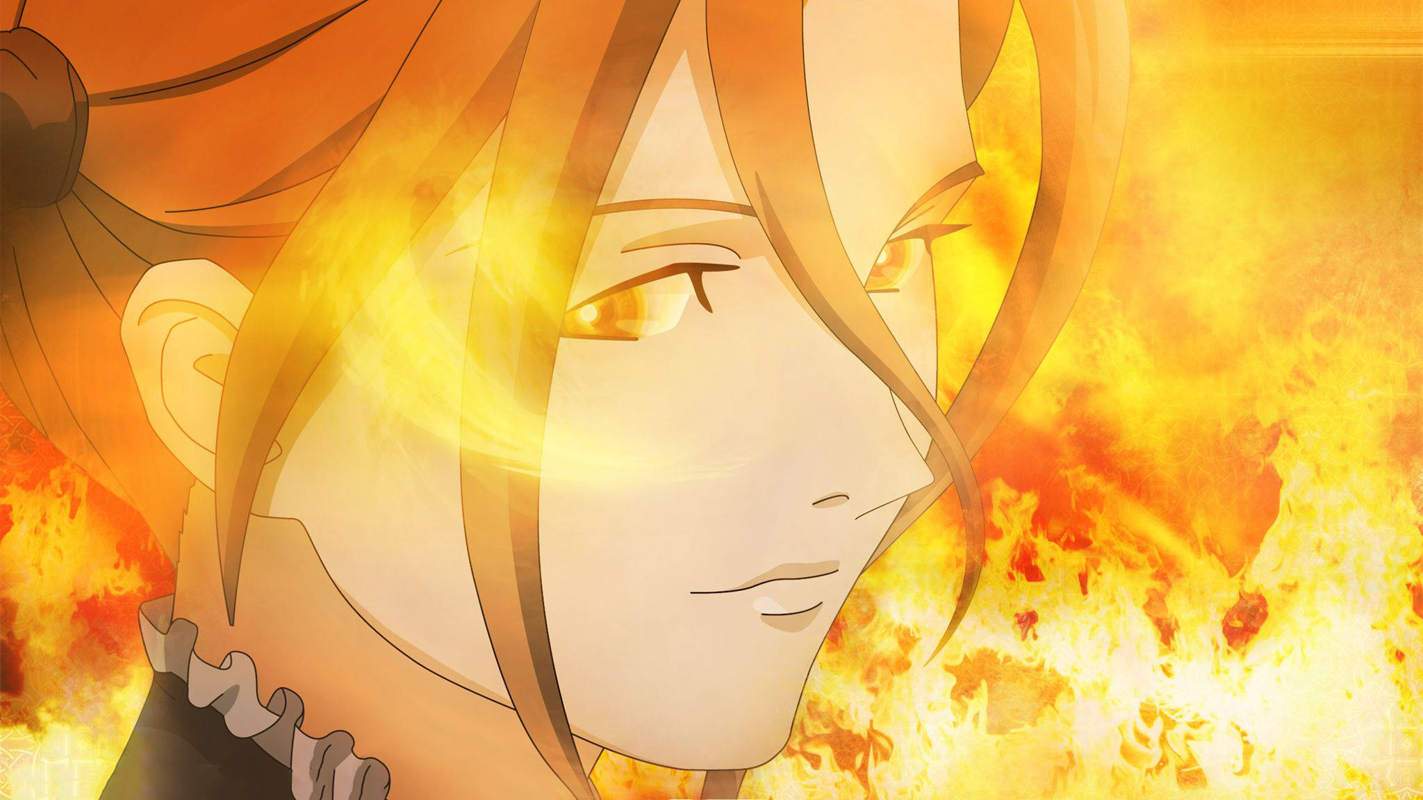 Fire Anime 桌布 壁紙 — 動漫角色，橙色頭髮，發光的眼睛，被強烈火焰包圍的戲劇性特寫。