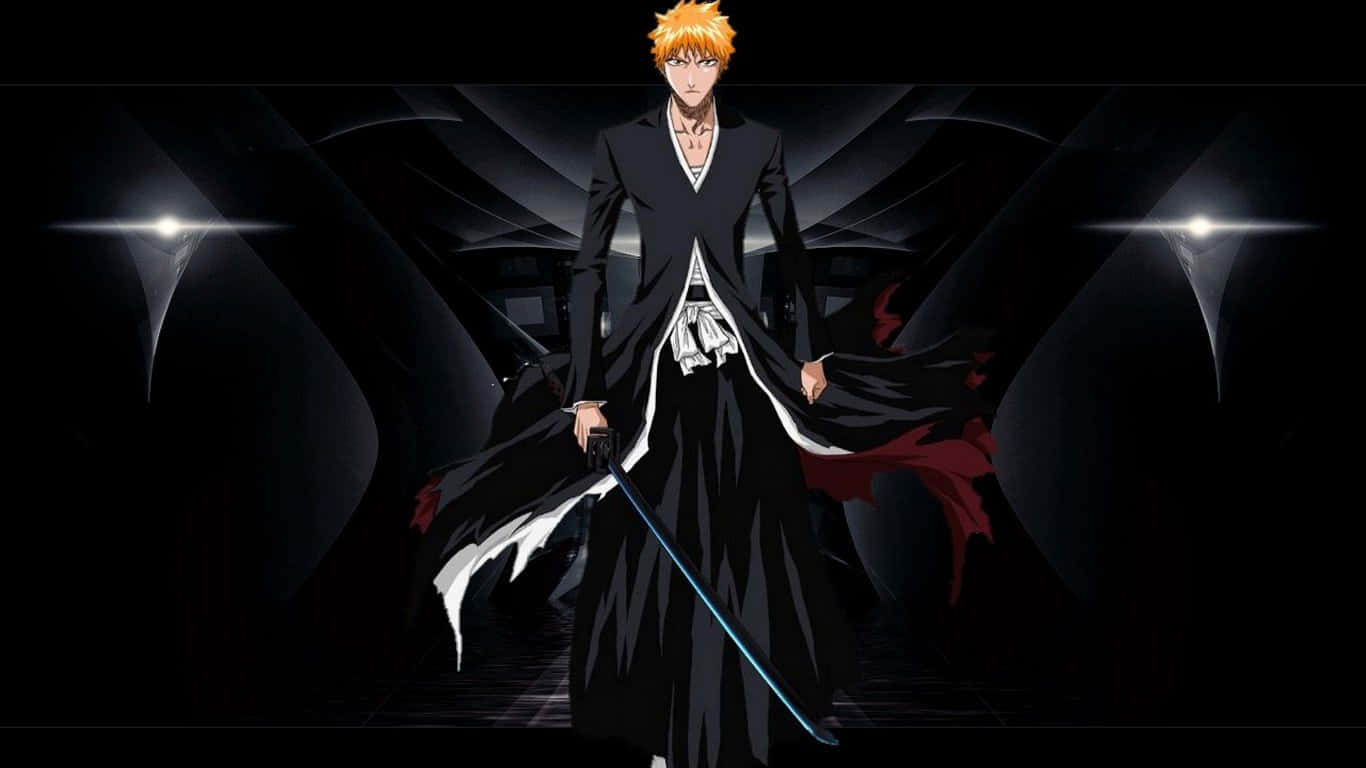 Bleach Anime 桌布 壁紙 — 動漫角色，橙色頭髮，黑色外套，在黑暗抽象背景前手持發光劍。
