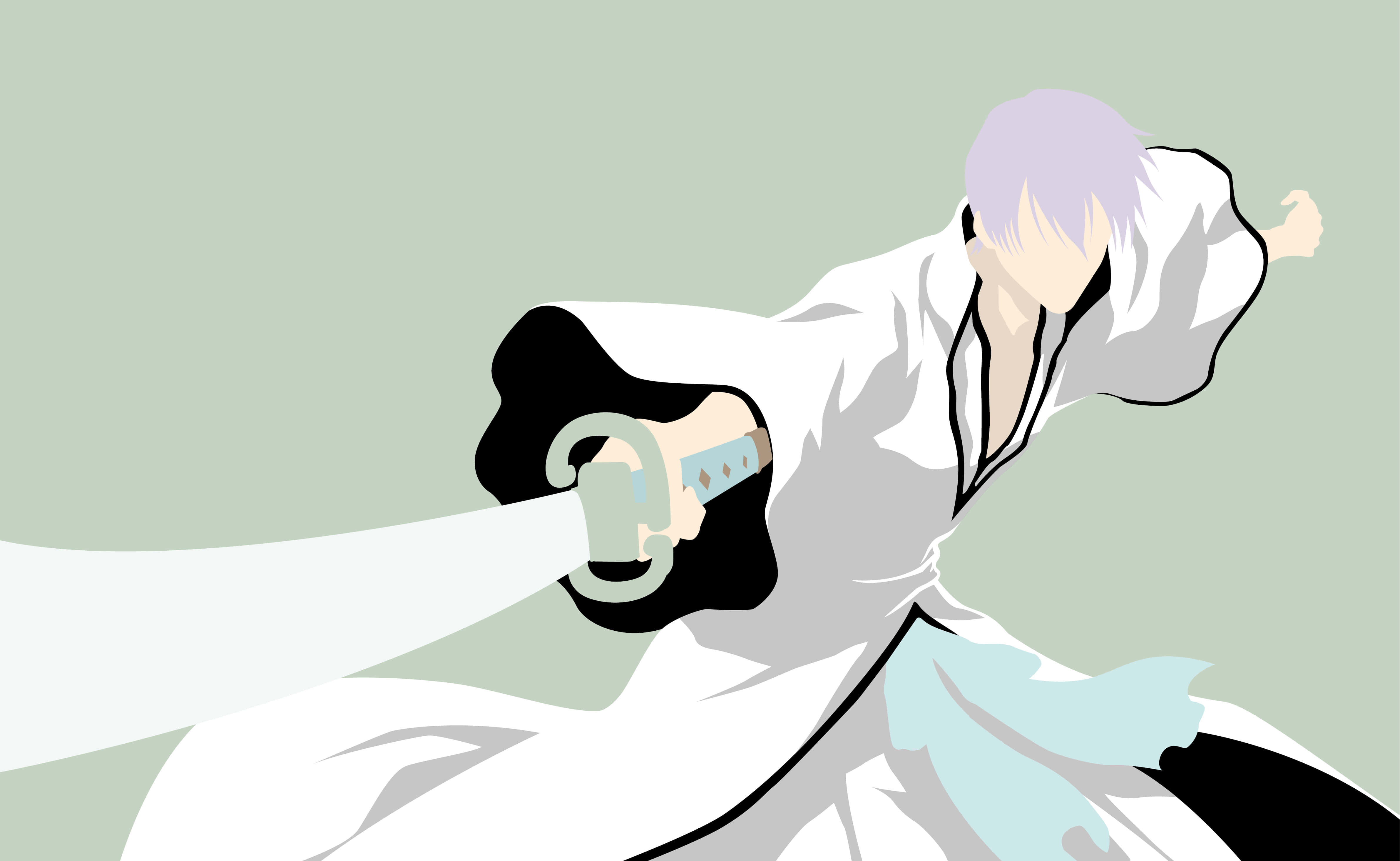 Gin Ichimaru 桌布 壁紙 — 動漫角色，淡紫色頭髮，白色長袍，在淡綠色背景前揮劍向前斬擊。