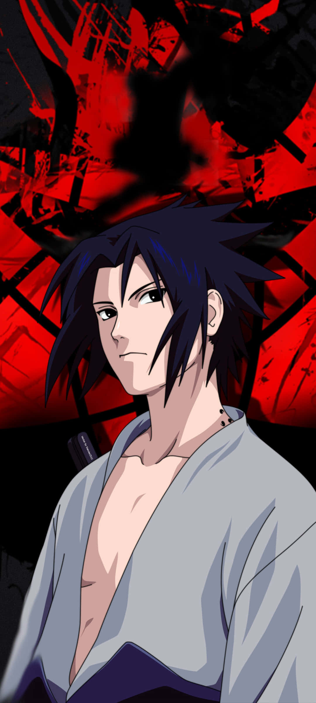 Uchiha iPhone 桌布 壁紙 — 動漫角色，深色尖刺頭髮，表情嚴肅，背景為混亂的紅色和黑色。