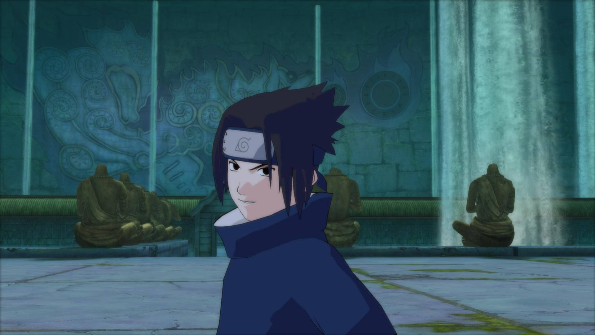 Sasuke 4K 桌布 壁紙 — 動漫角色，深色頭髮，戴頭帶，站在有石像和牆上發光藍色圖案的寺廟中。