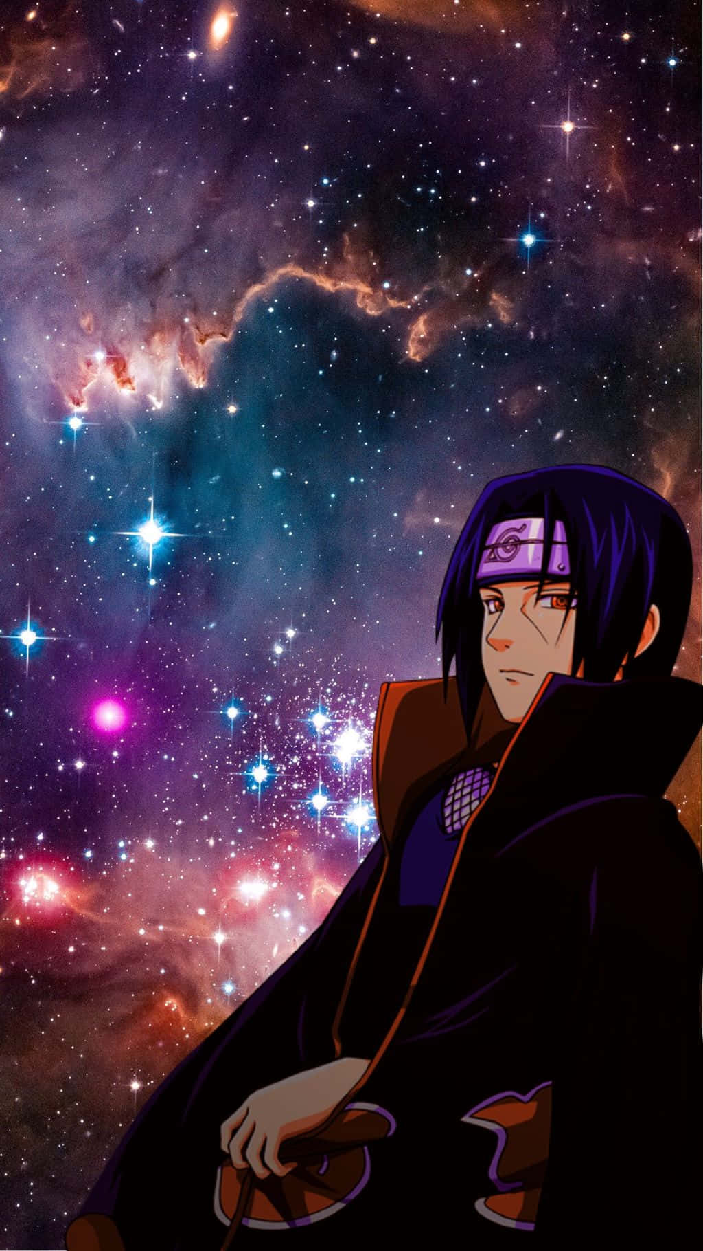 動漫 桌布 壁紙 — 動漫角色，深色頭髮，披著斗篷，站在充滿閃爍星星和彩色雲朵的鮮豔宇宙星雲前。