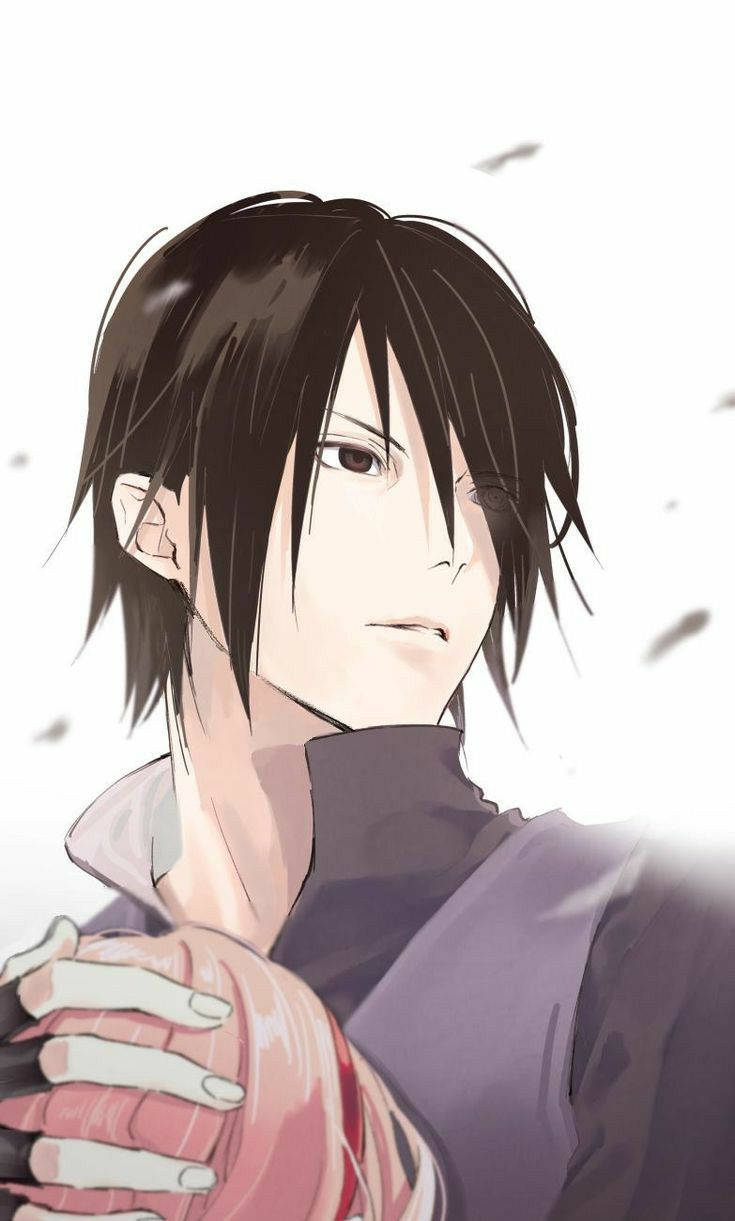 sasuke pfp 桌布 壁紙 — 動漫角色，深色頭髮，眼神專注，在明亮的白色背景前拿著一個粉紅色包裹的物體，背景有碎片掉落。