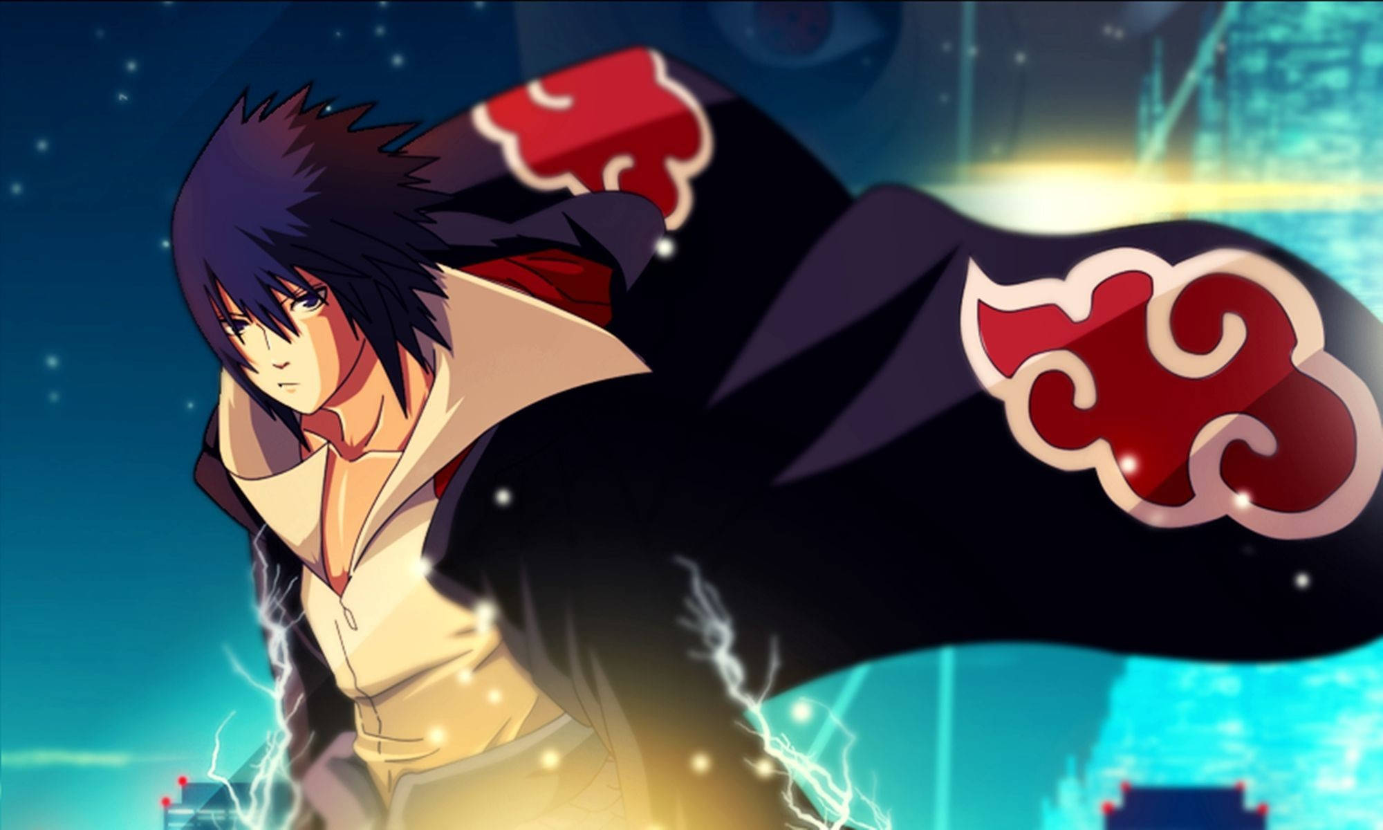sasuke pfp 桌布 壁紙 — 動漫角色，深色頭髮，紅色雲紋斗篷，在星空下閃爍的城市景觀前擺出動態姿勢。
