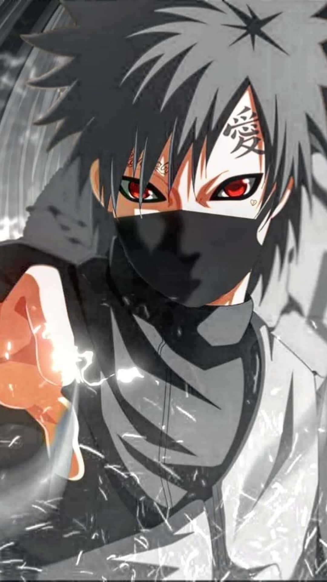 Gaara Naruto Anime 桌布 壁紙 — 動漫角色，灰色尖刺頭髮，紅色眼睛，戴黑色面具，手持發光橙色查克拉手。