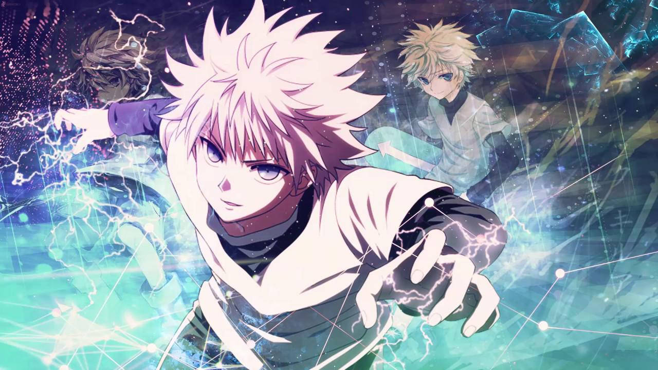 Cool Killua 桌布 壁紙 — 動漫角色，白色尖刺頭髮，在帶有發光粒子的宇宙藍綠色和紫色背景前引導電能。