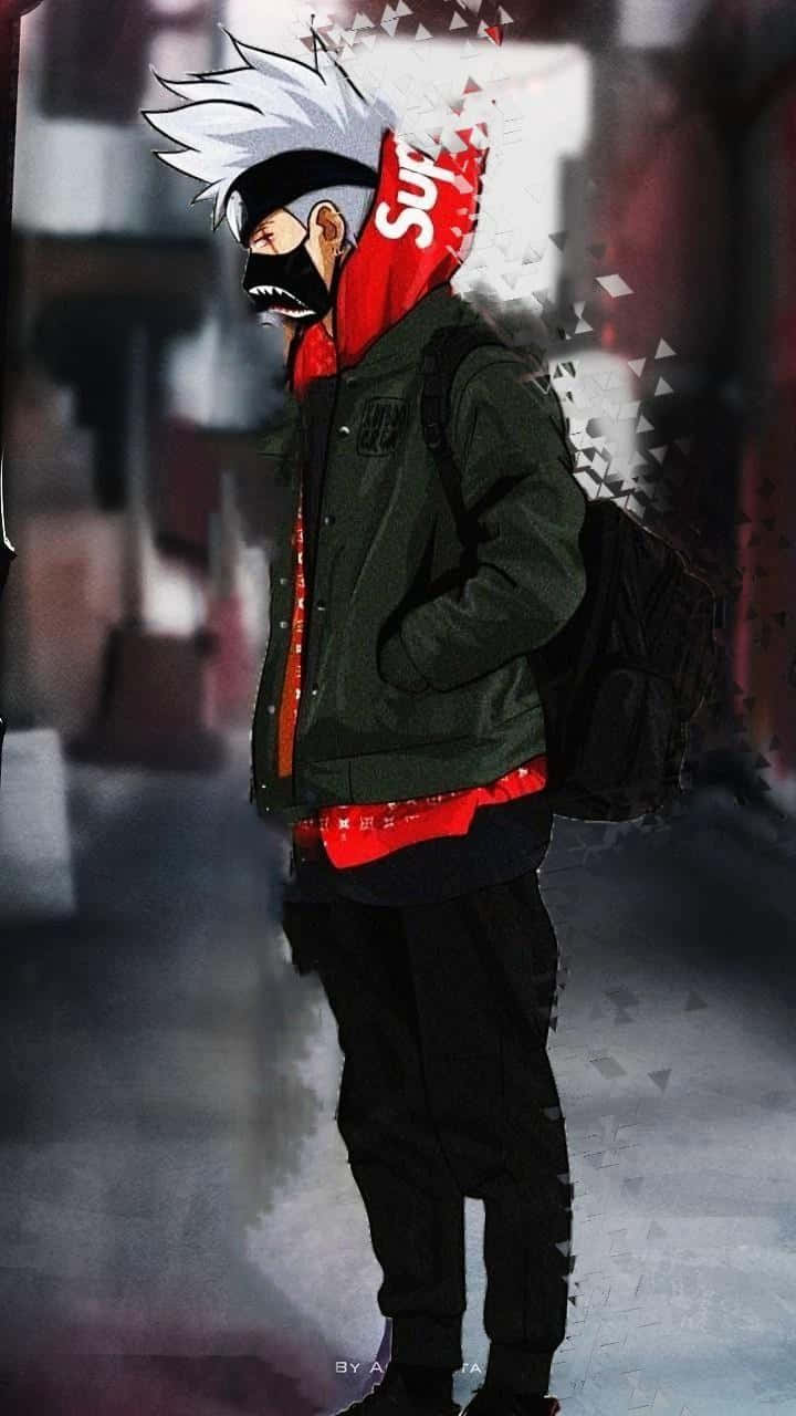 桌布 壁紙 — 動漫角色，白色尖刺頭髮，戴黑色口罩，身穿紅色Supreme連帽衫和綠色外套，站在骯髒的城市小巷中。