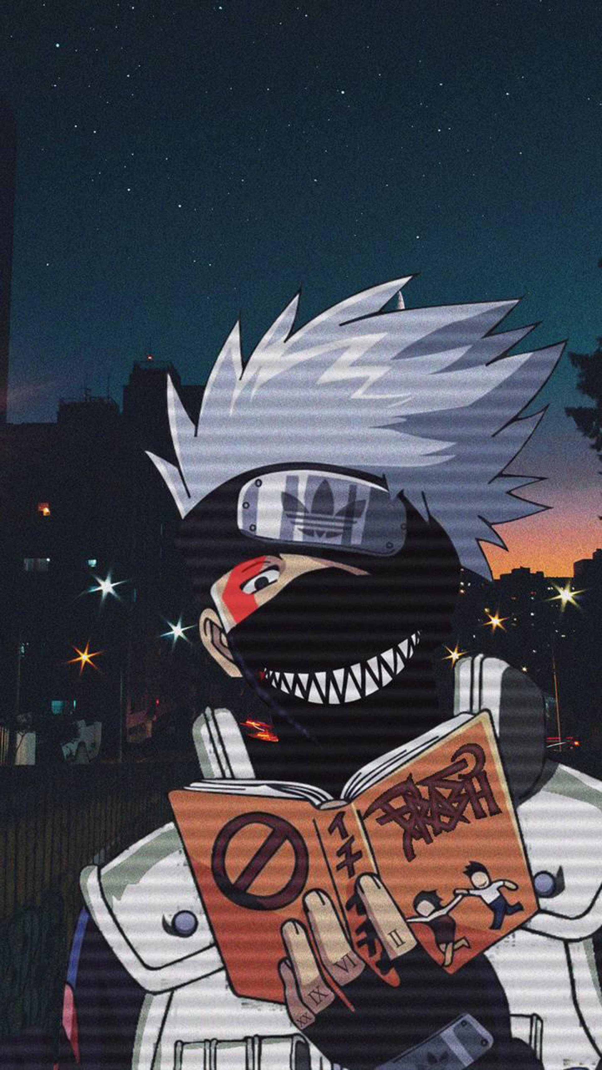 kakashi pfp 桌布 壁紙 — 動漫角色，白色尖刺頭髮，戴黑色面具，在星空下閱讀一本書，背景中城市燈光閃爍。