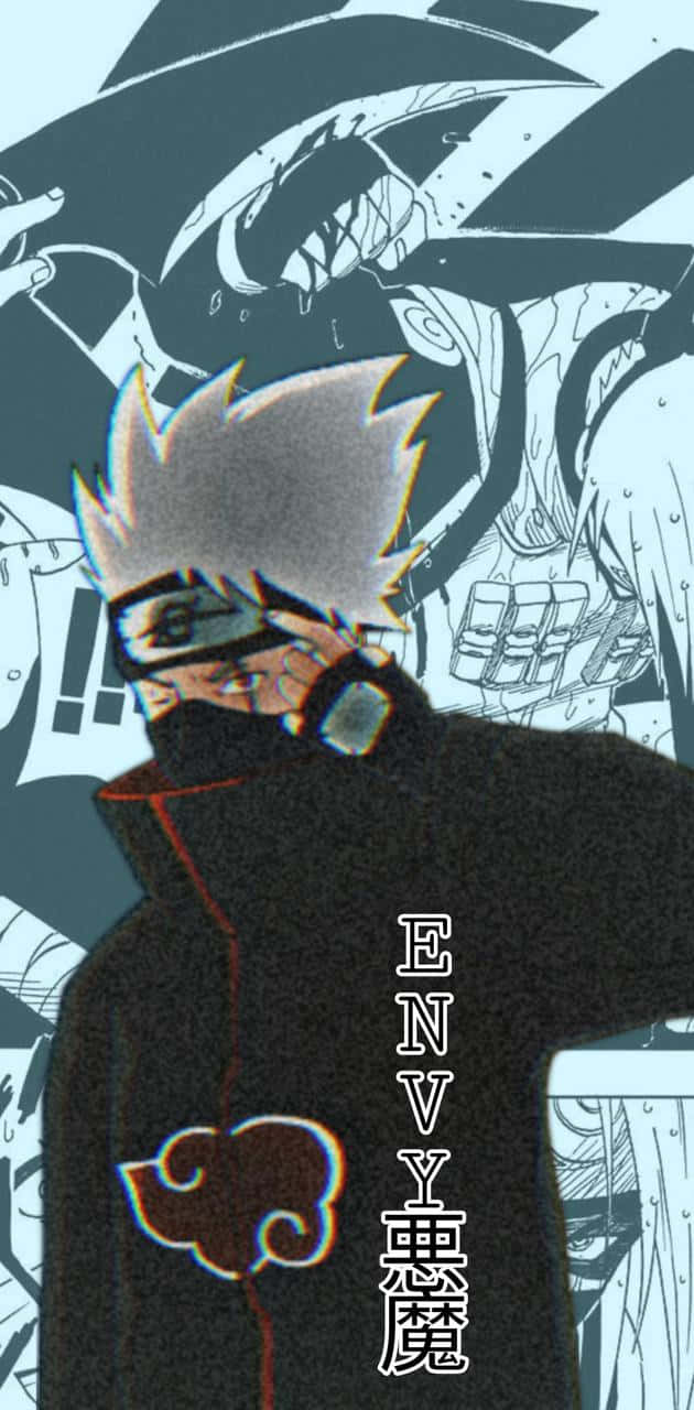 Akatsuki Kakashi 桌布 壁紙 — 動漫角色，白色尖刺頭髮，戴黑色面具，站在前景，背景為黑白風格，帶有戲劇性陰影。