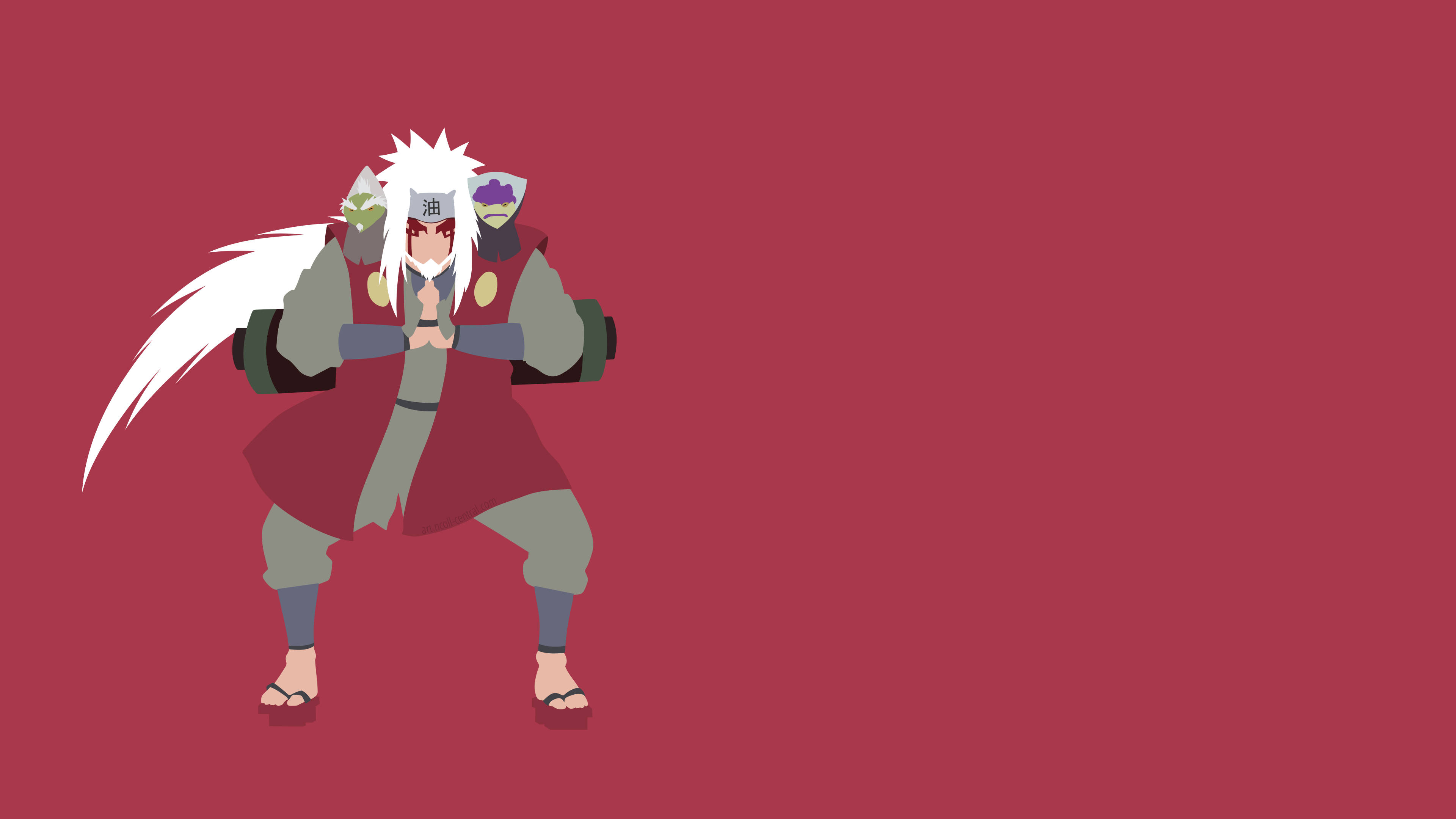 Jiraiya 桌布 壁紙 — 動漫角色，白色尖刺頭髮，紅色斗篷，在純紅色背景前擺出戰鬥姿勢。