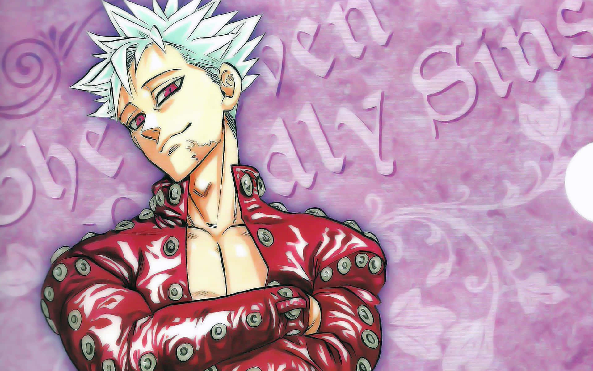 Seven Deadly Sins Ban 桌布 壁紙 — 動漫角色，白色尖刺頭髮，紅色眼睛，自信地穿著帶有圓形圖案的紅色外套，背景為紫色花卉。