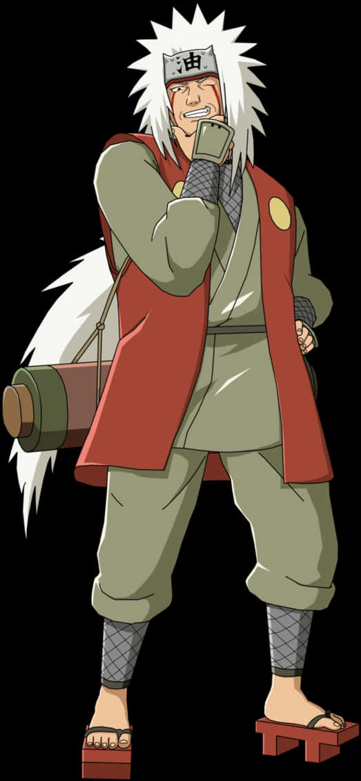 Anime Character 桌布 壁紙 — 動漫角色，白色尖刺頭髮，紅色背心，自信地站立，手持卷軸。