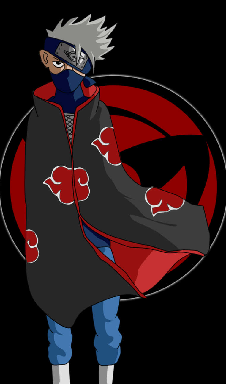 Akatsuki Kakashi 桌布 壁紙 — 動漫角色，白色尖刺頭髮，紅色雲紋斗篷，站在黑色背景前，背景有紅色螺旋標誌。