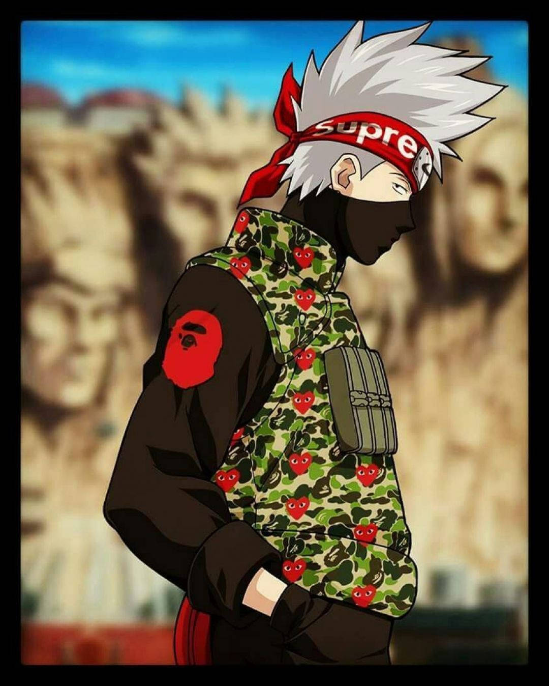 Naruto Anime 桌布 壁紙 — 動漫角色，白色尖刺頭髮，紅色頭巾，側面站立，身穿帶有紅色心形圖案的迷彩背心。