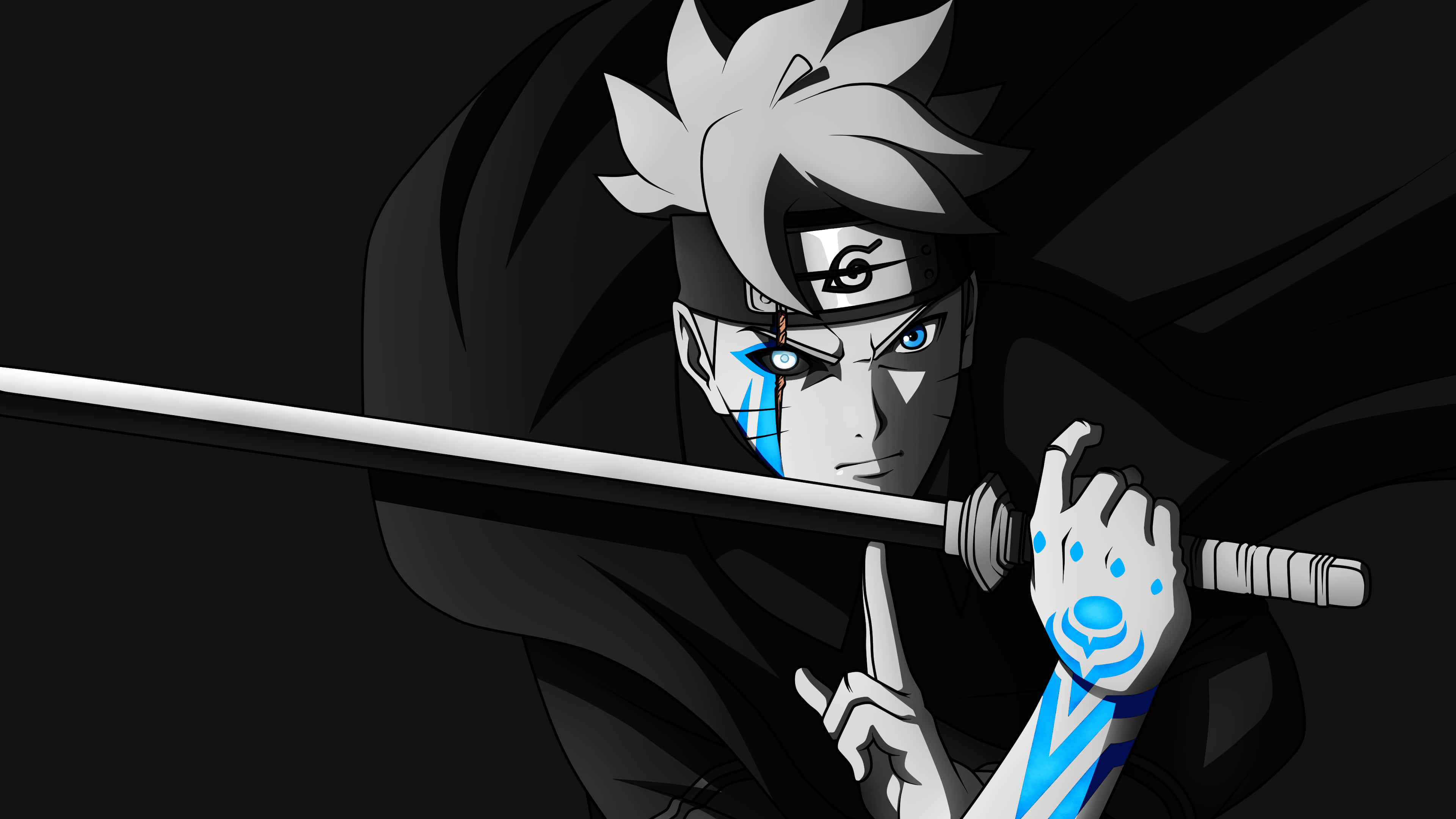 Adult Boruto 桌布 壁紙 — 動漫角色，白色尖刺頭髮，藍色眼睛標記，在黑暗背景中緊握一把劍。