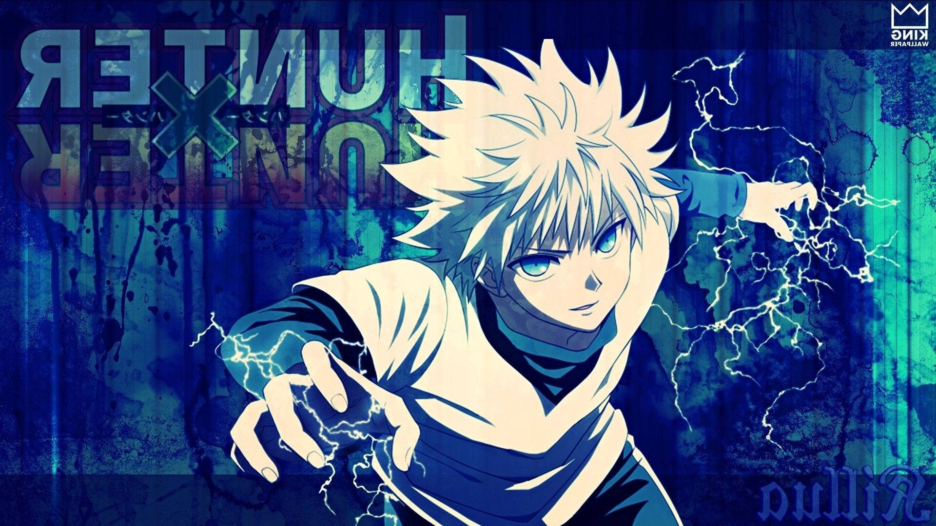 Cool Killua 桌布 壁紙 — 動漫角色，白色尖刺頭髮，藍色眼睛，在深藍色紋理背景上引導電能。