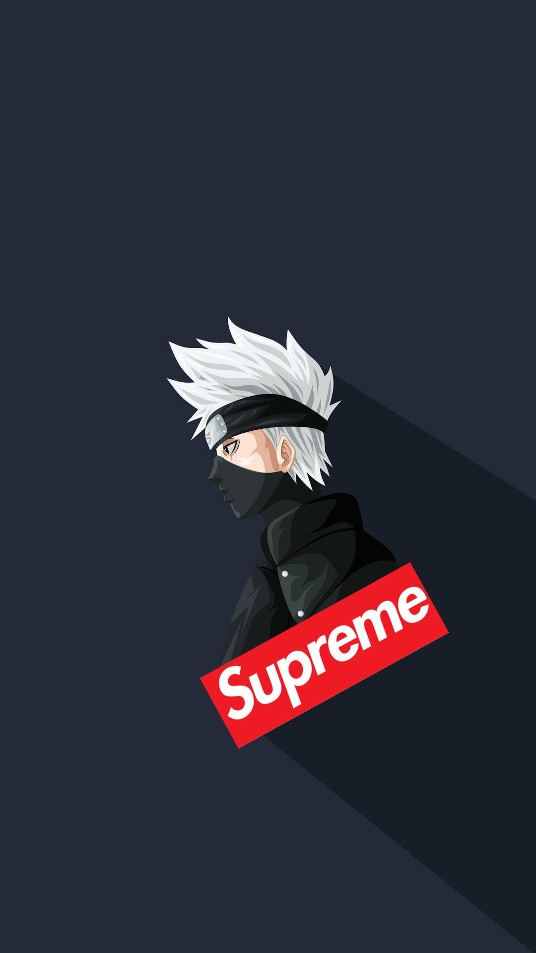 supreme 桌布 壁紙 — 動漫角色，白色尖刺頭髮和黑色面具，側面顯示在深色背景上，帶有紅色Supreme標誌。