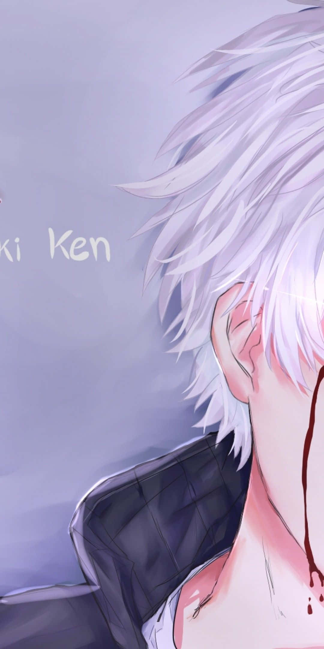 Kaneki Phone 桌布 壁紙 — 動漫角色，白髮，頸部滴血，背景為柔和紫色。