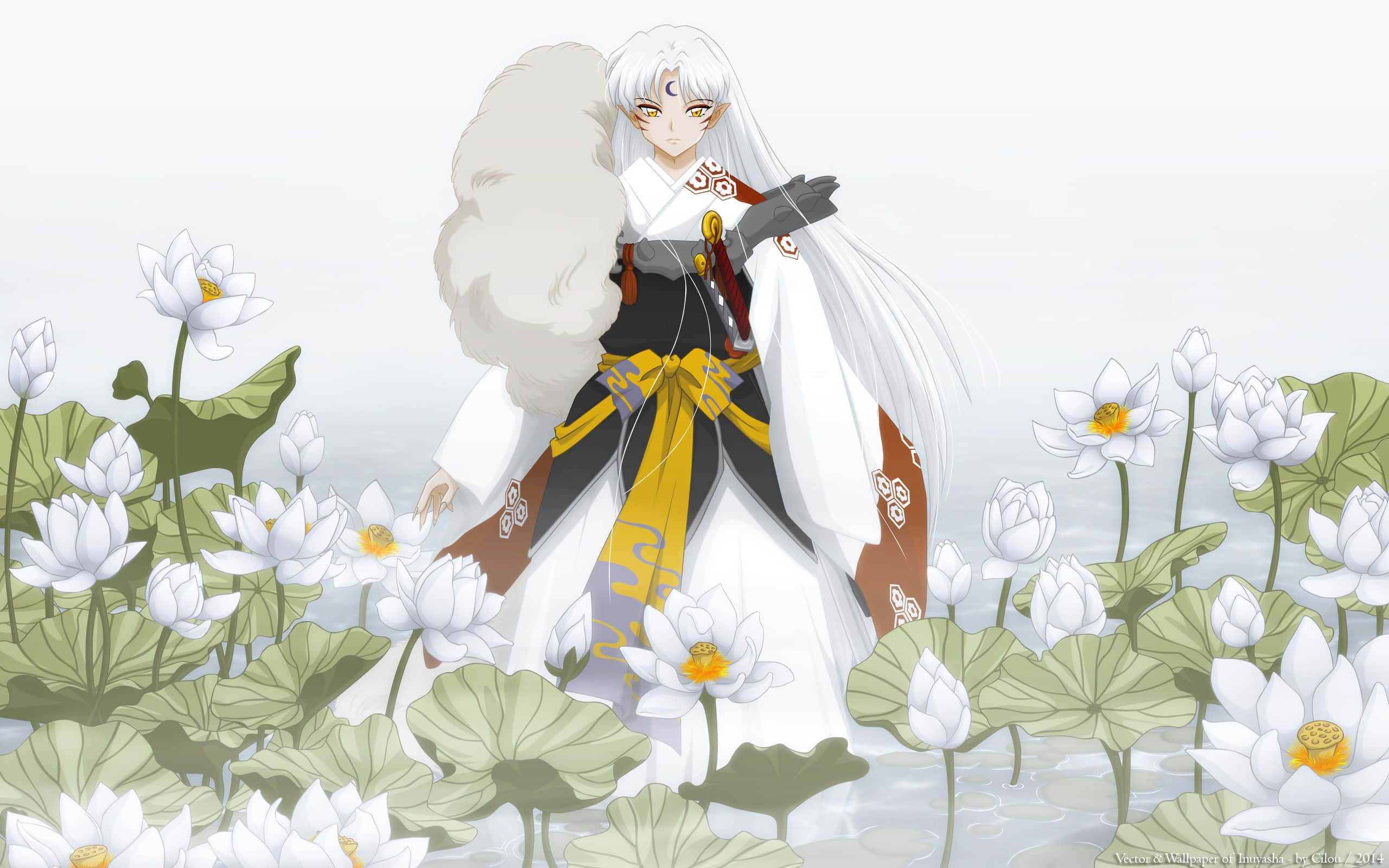 Inuyasha And Sesshomaru 桌布 壁紙 — 動漫角色，白髮披肩，身披毛皮斗篷，在柔軟的水中盛開的白蓮花叢中優雅站立。