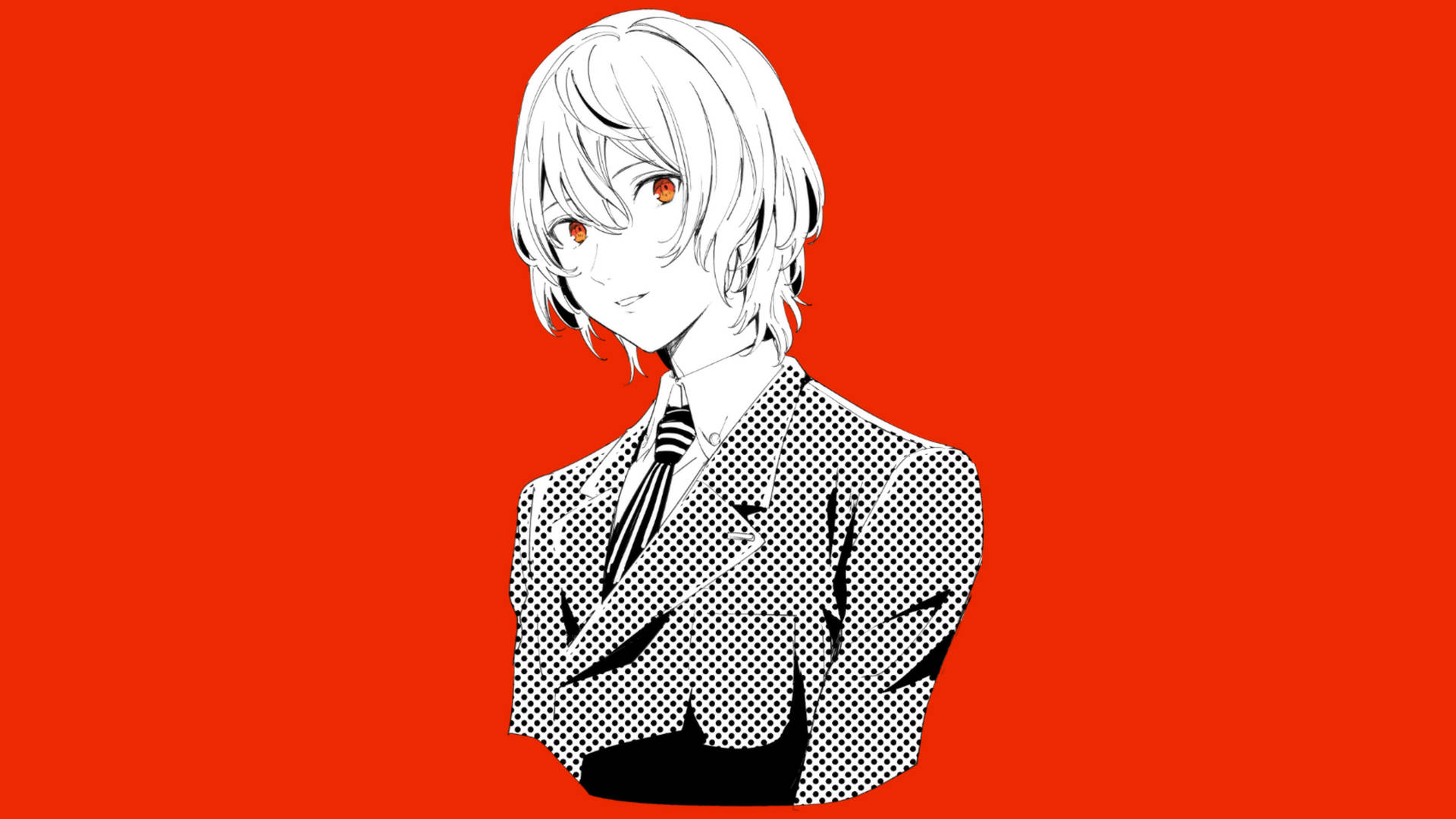 persona 5 4K 桌布 壁紙 — 動漫角色，白髮橙眼，身穿圓點西裝，背景為大膽的紅色。
