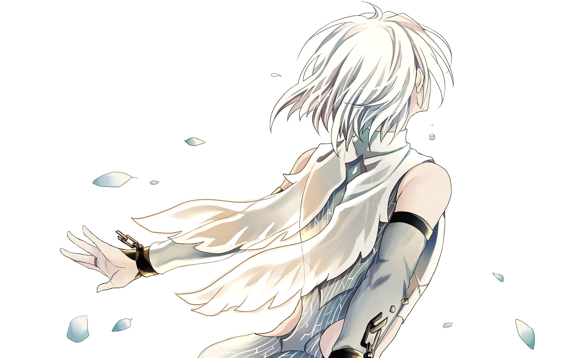 yuri 桌布 壁紙 — 動漫角色，白髮飄逸，身穿白色外套，在純白背景中伸出手，周圍漂浮著冰碎片。