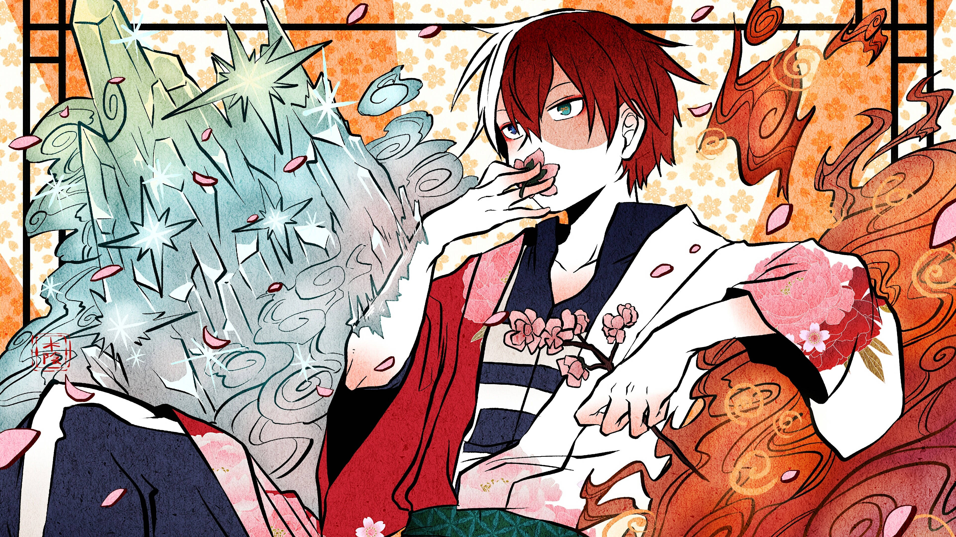 Todoroki Aesthetic 桌布 壁紙 — 動漫角色，紅白頭髮，在旋轉的冰與火圖案中呼出煙霧，背景為圖案橙色。