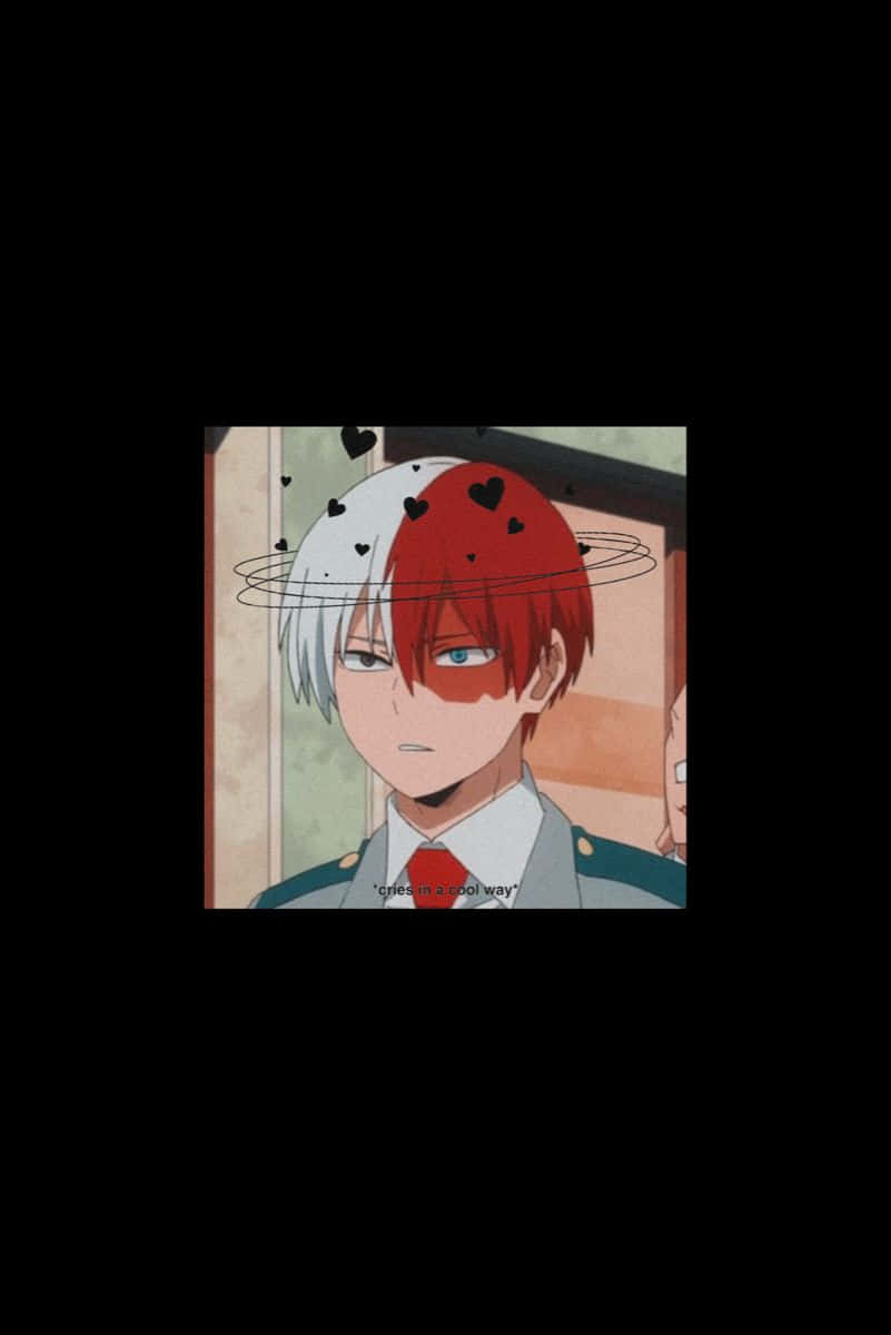 Todoroki Black 桌布 壁紙 — 動漫角色，紅白頭髮，黑色心形光環，穿著校服，表情嚴肅。