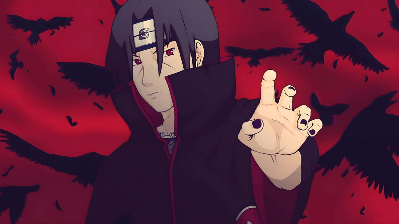 Genjutsu 桌布 壁紙 — 動漫角色，紅眼，身穿暗色斗篷，在滿是黑烏鴉的血紅色天空下結手印。
