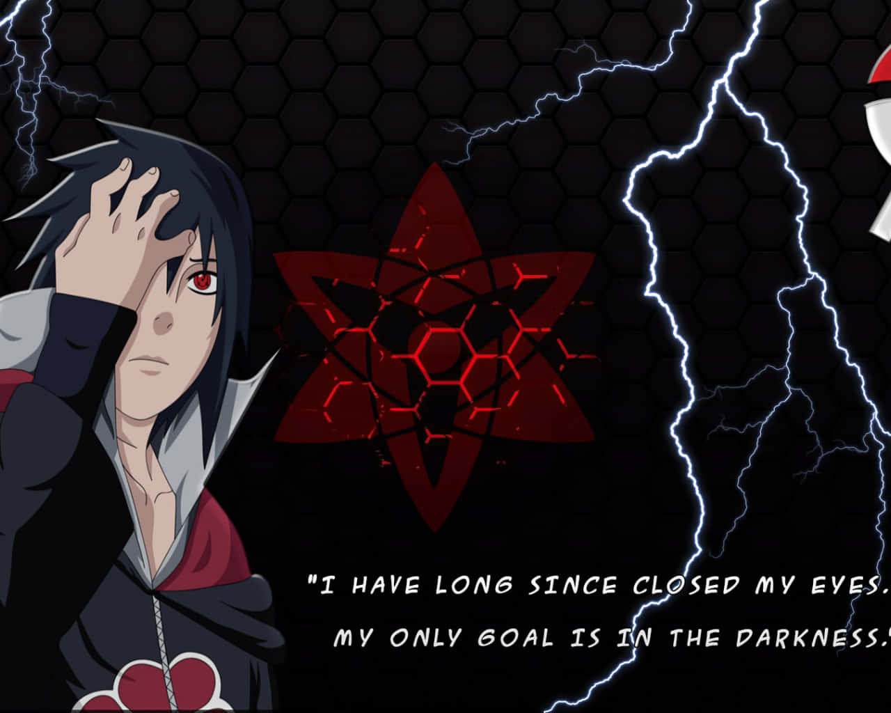 Akatsuki Quotes 桌布 壁紙 — 動漫角色，紅眼，身穿暗色斗篷，站在黑色六邊形背景前，面前是發光的紅星和閃電。