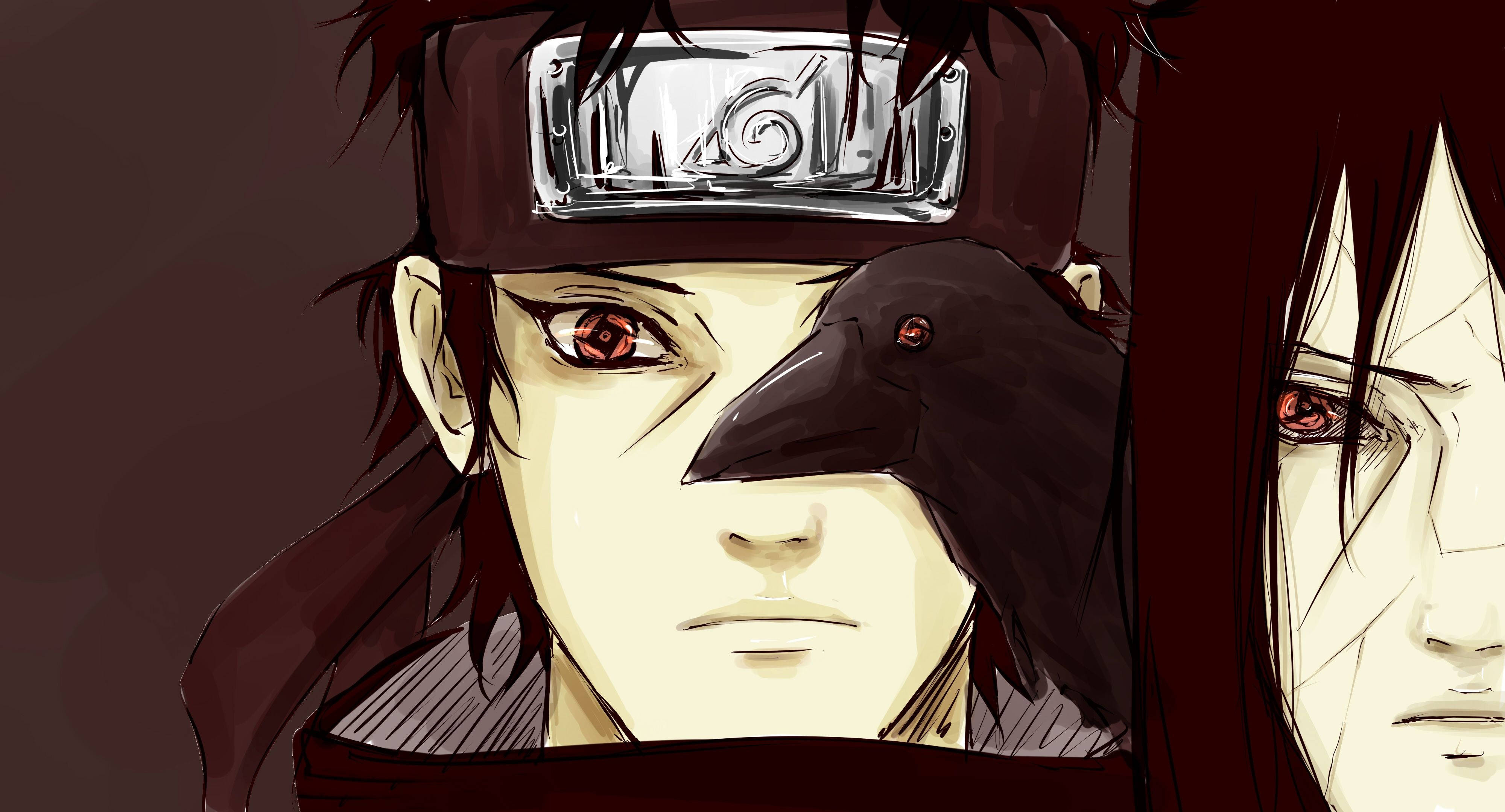Shisui Uchiha 桌布 壁紙 — 動漫角色，紅眼睛，戴頭帶，有一隻烏鴉棲息在他臉上，另一個角色在旁觀看。