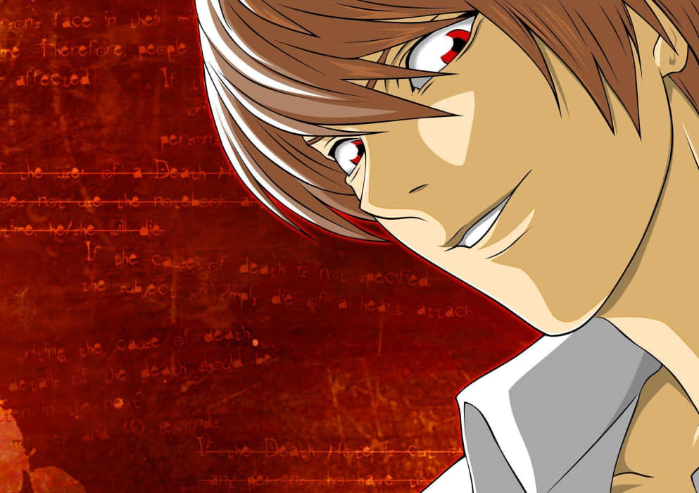 Light Yagami 桌布 壁紙 — 動漫角色，紅眼睛，棕色頭髮，在充滿手寫文字的熾熱紅色背景前強烈凝視。