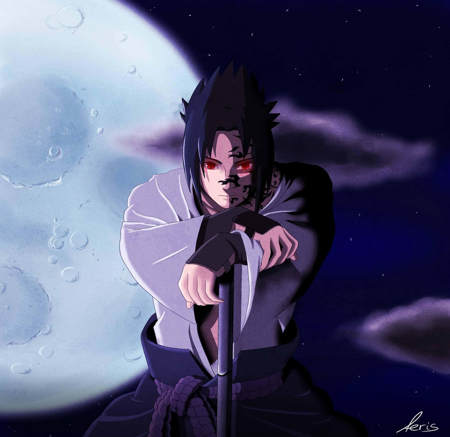 Sasuke 桌布 壁紙 — 動漫角色，紅眼睛，黑頭髮，站在大月亮下，手持法杖，背景是繁星點點的夜空。
