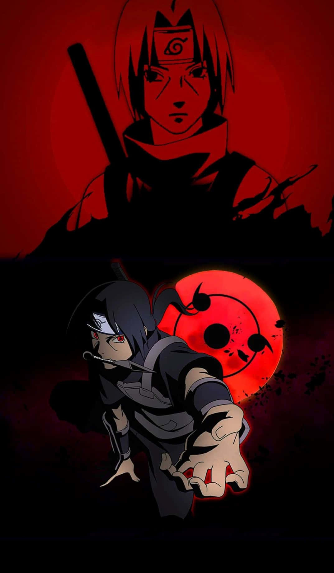 Jutsu 桌布 壁紙 — 動漫角色，紅眼黑斗篷，在黑暗背景前伸手向前，上方有發光的紅月和陰影人物。