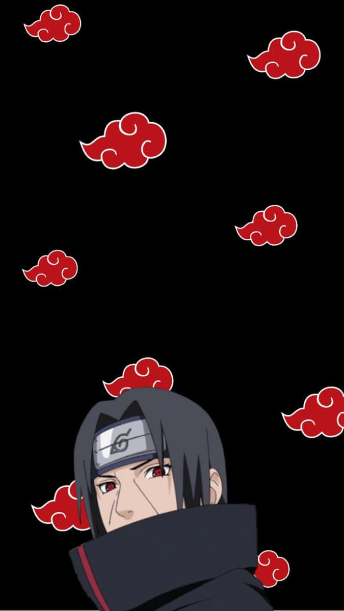 Naruto Itachi 桌布 壁紙 — 動漫角色，紅眼黑斗篷，被漂浮的紅雲包圍，背景為黑色。