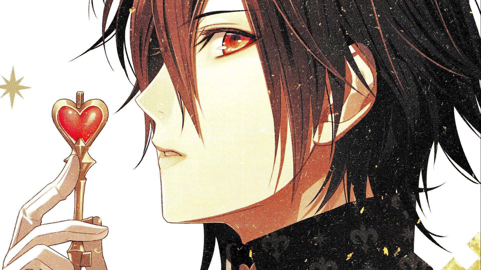 sebastian michaelis 桌布 壁紙 — 動漫角色，紅眼黑髮，在閃爍的白色背景前拿著心形鑰匙。