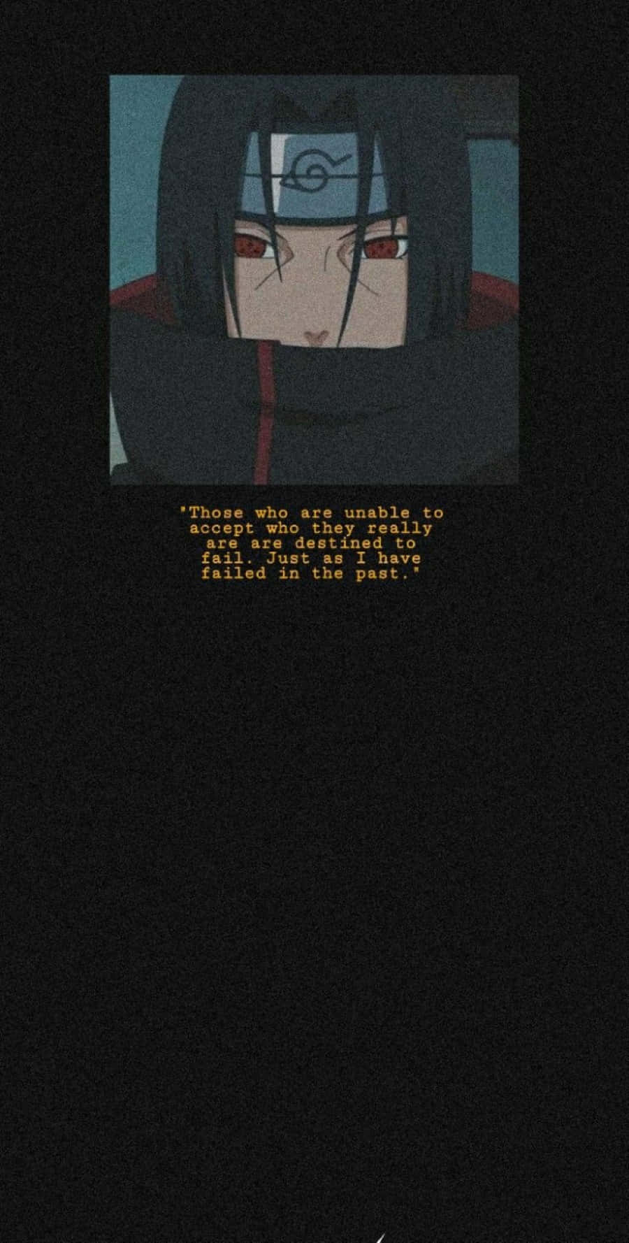 Akatsuki Quotes 桌布 壁紙 — 動漫角色，紅眼黑髮，戴頭帶，深色背景，下方有語錄。