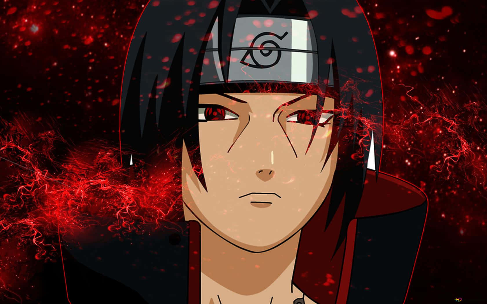 Itachi Mangekyou Sharingan 桌布 壁紙 — 動漫角色，紅眼黑髮，被旋轉的紅色能量包圍，背景為深紅色。